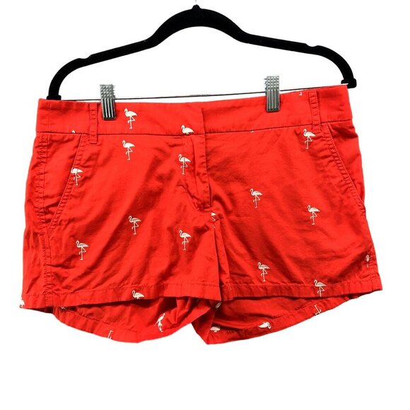 J. Crew Broken In Chino Shorts Womens Size 8 Red Embroidered Flamingo Tropical - Picture 1 of 7